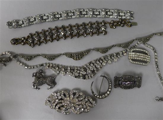 A small group of silver and marcasite paste and other jewellery.,